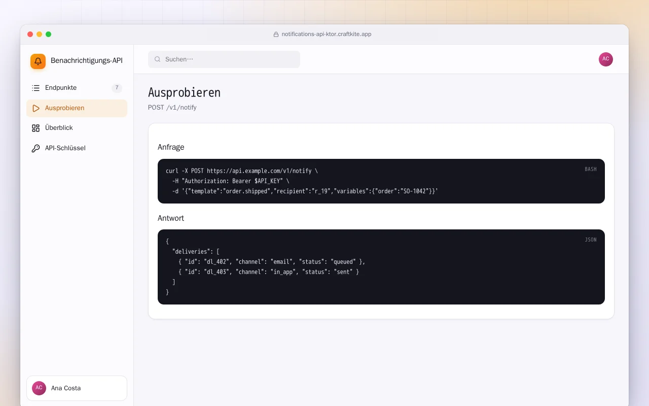 Benachrichtigungs-API (Ktor): der Bildschirm „Ausprobieren“