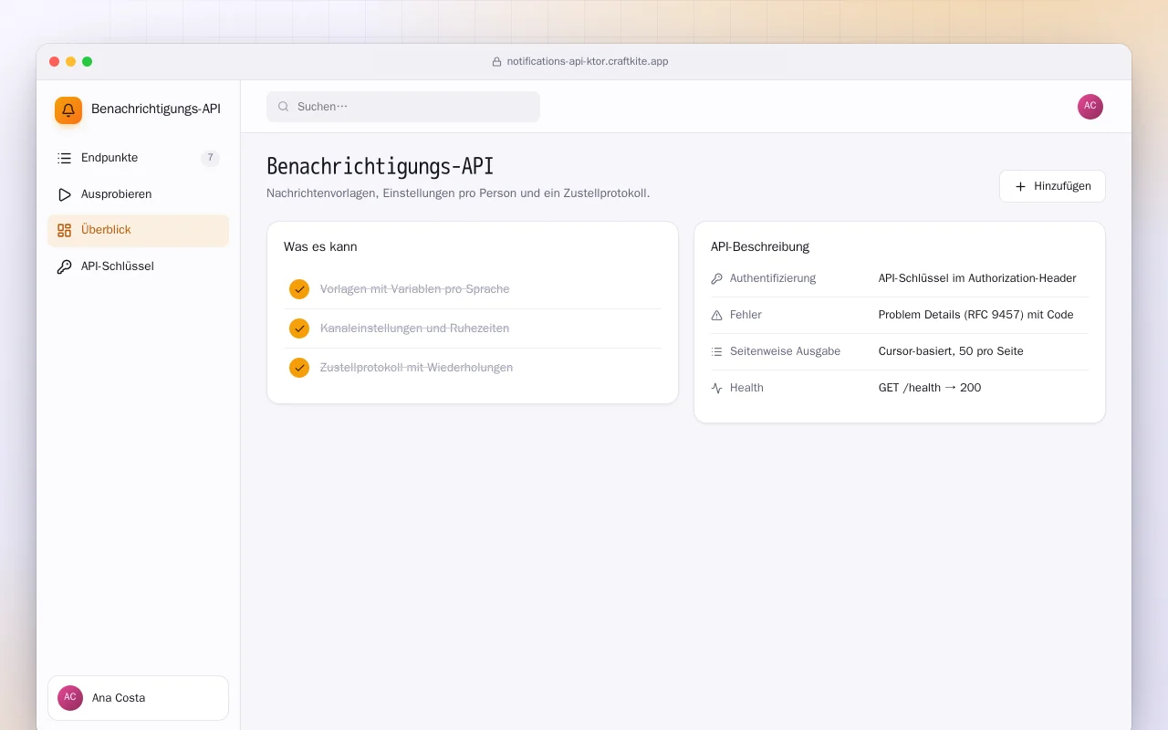 Benachrichtigungs-API (Ktor): der Bildschirm „Benachrichtigungs-API“