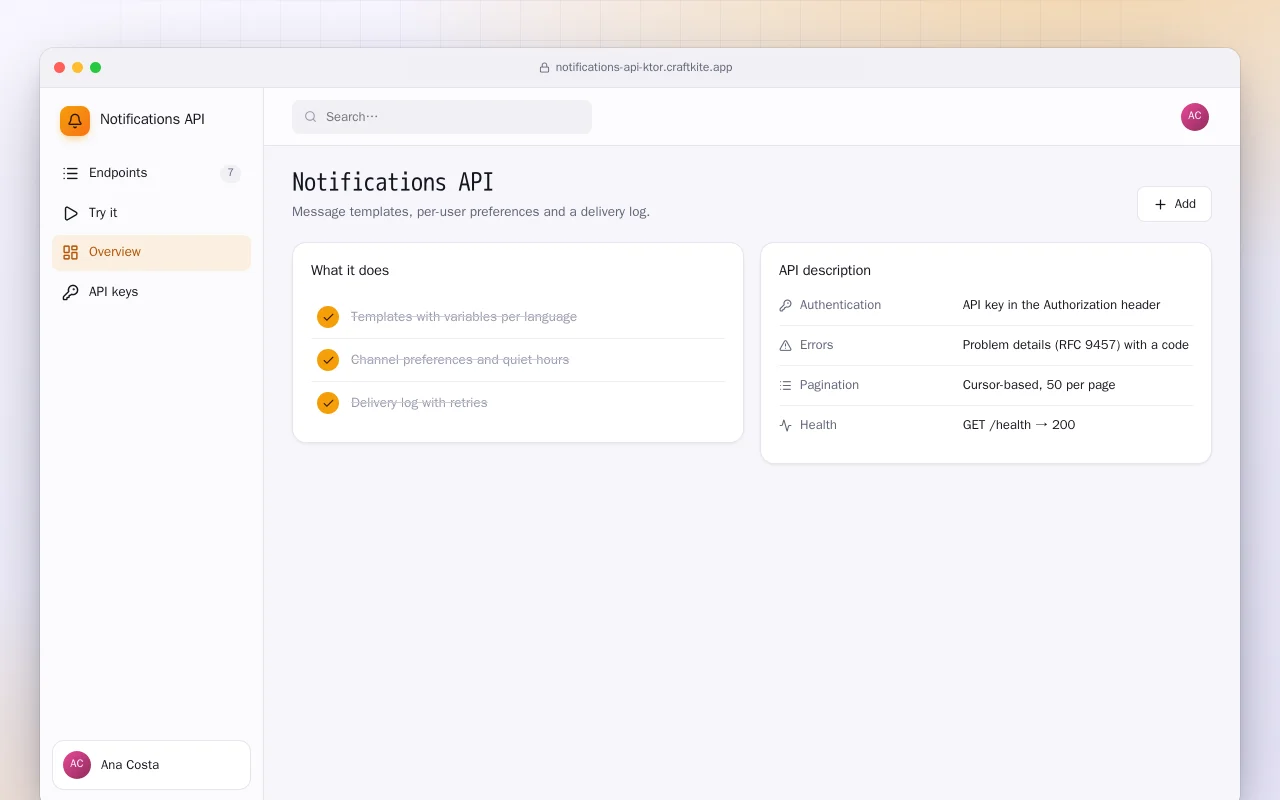 Notifications API (Ktor): the Notifications API screen