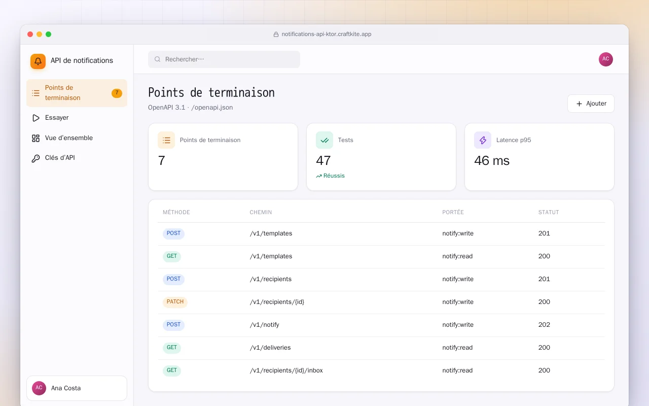API de notifications (Ktor) : l’écran Points de terminaison