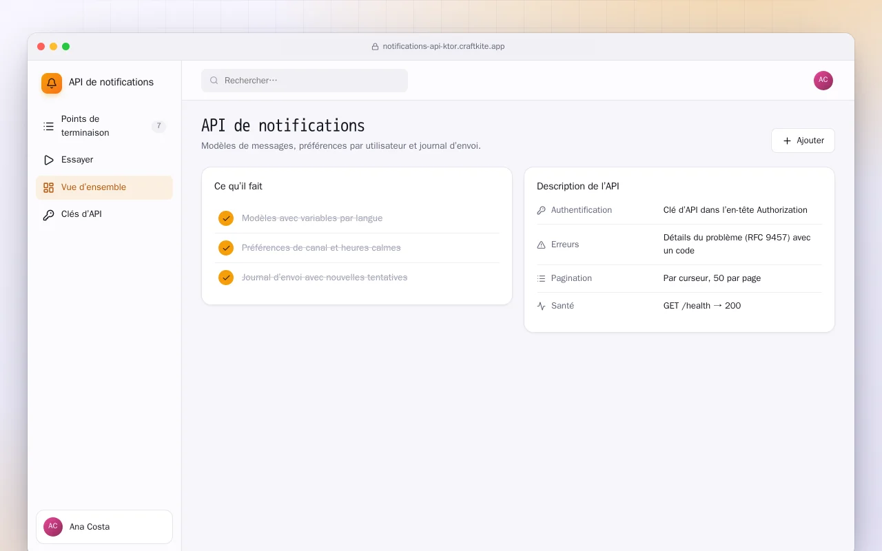 API de notifications (Ktor) : l’écran API de notifications
