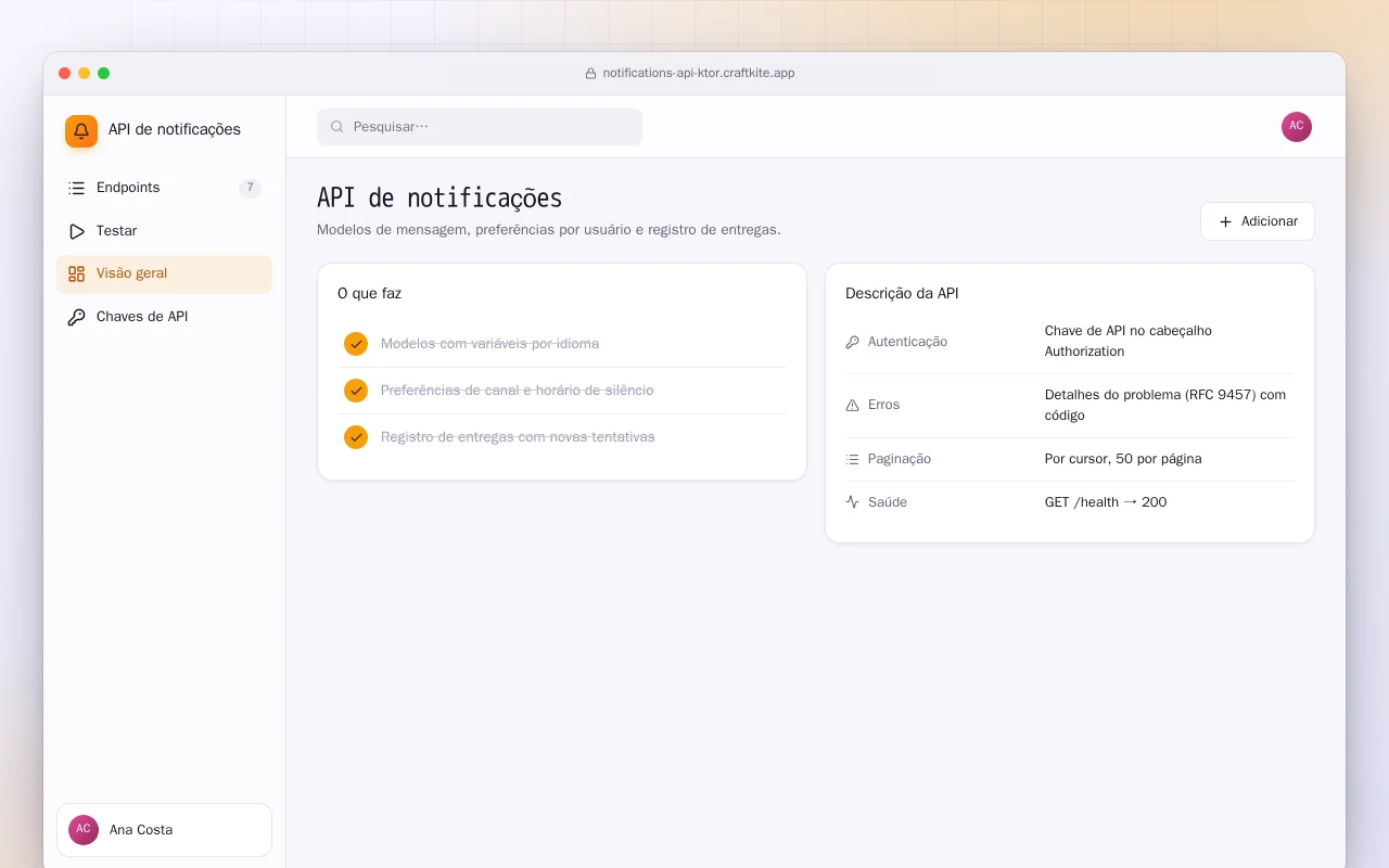 API de notificações (Ktor): a tela API de notificações