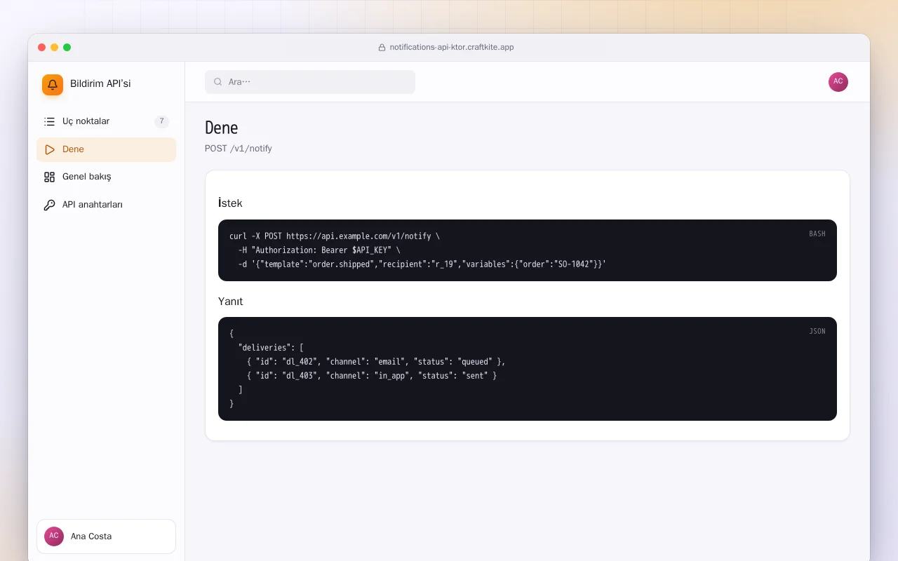 Bildirim API’si (Ktor): Dene ekranı