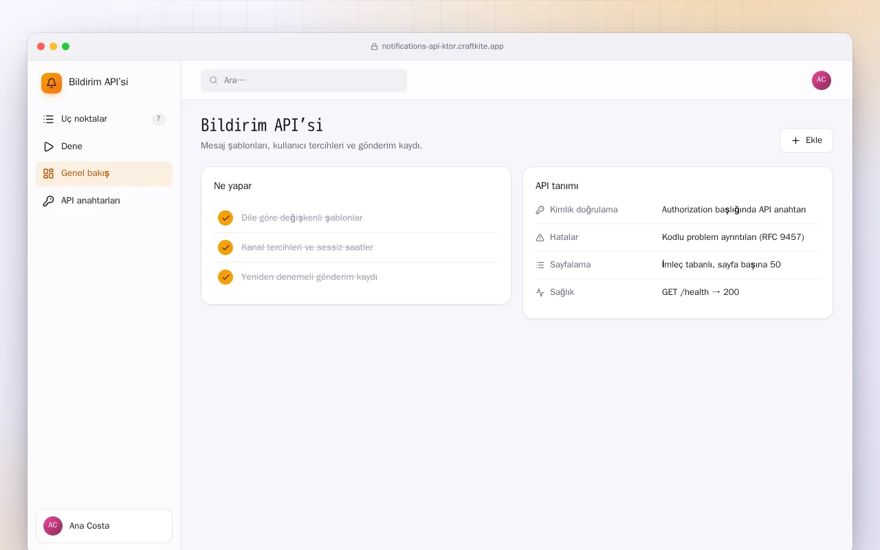 Bildirim API’si (Ktor): Bildirim API’si ekranı