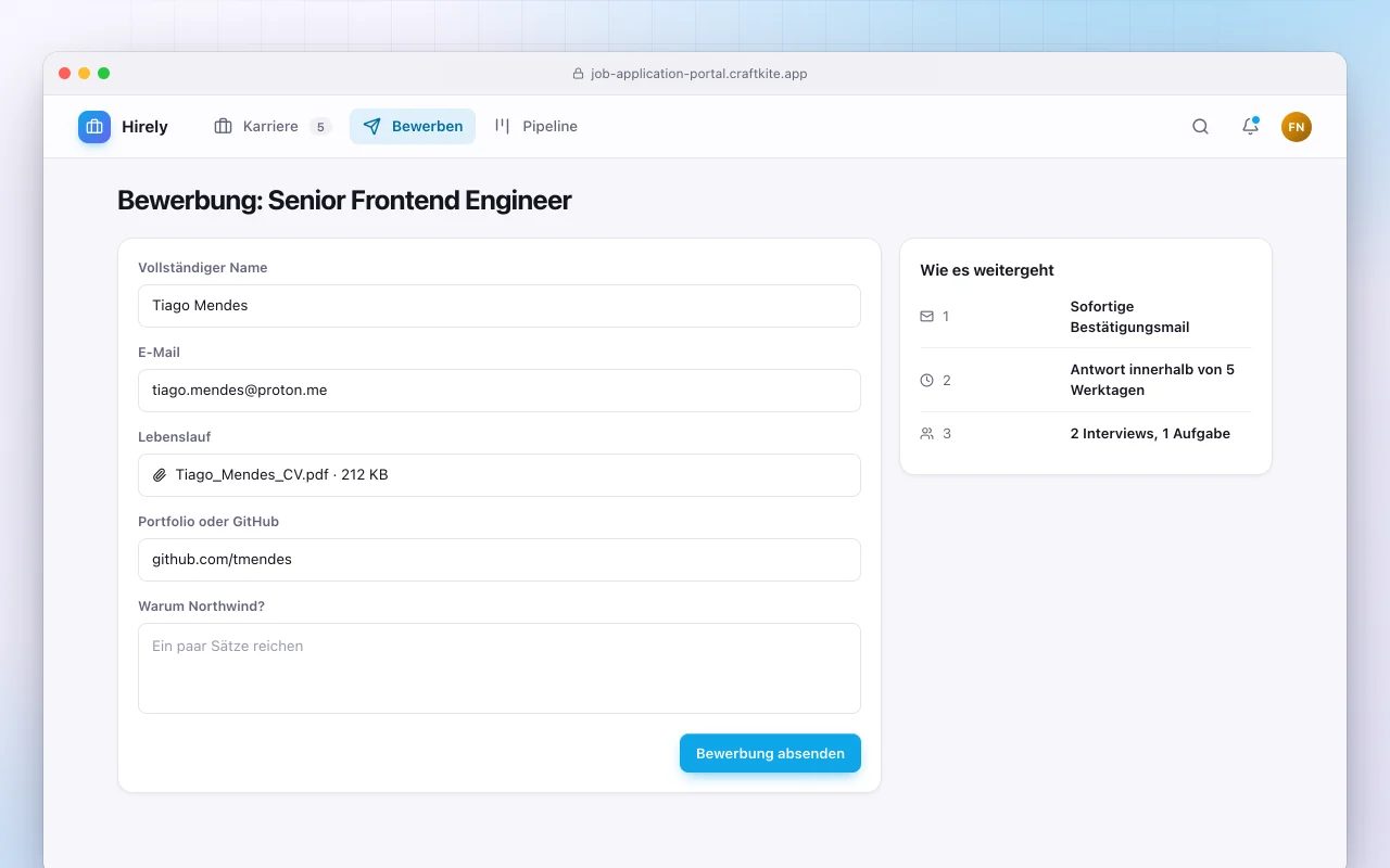 Bewerbungsportal: der Bildschirm „Bewerbung: Senior Frontend Engineer“