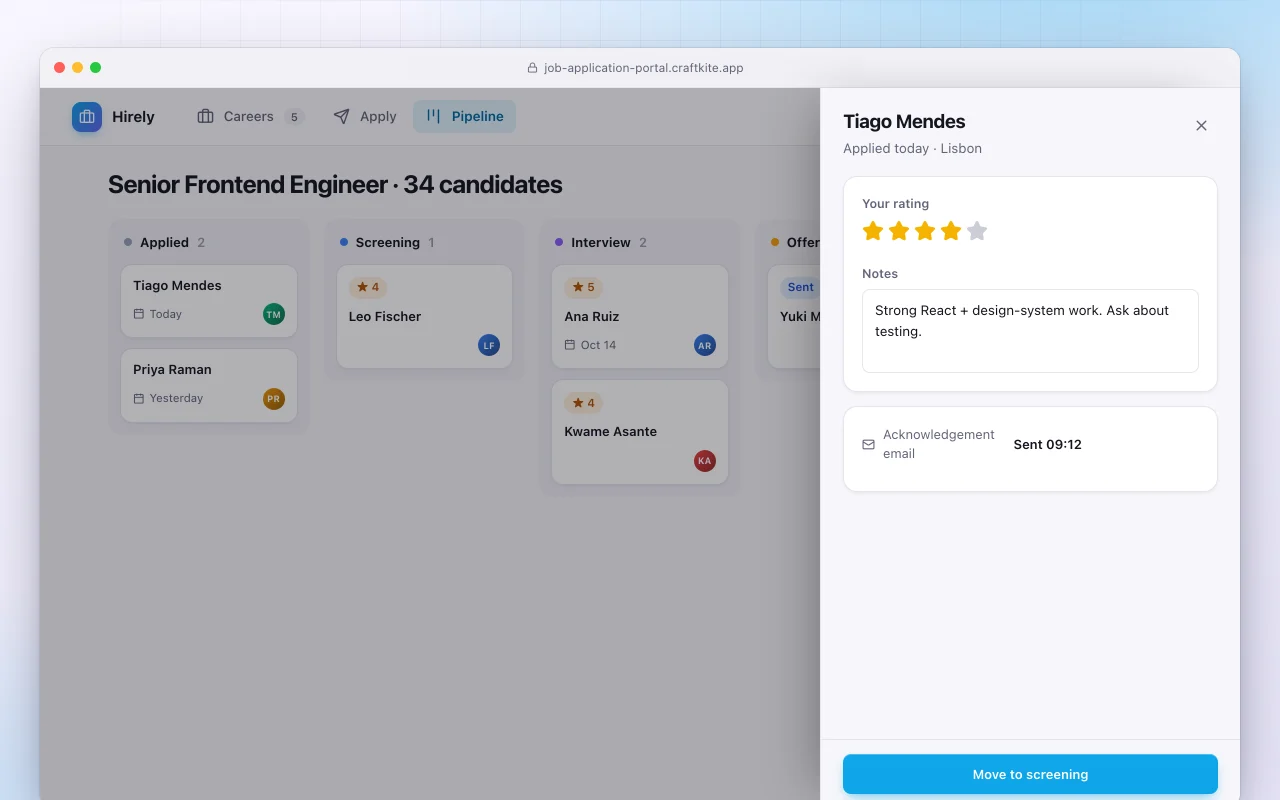 Job application portal: the Senior Frontend Engineer · 34 candidates screen