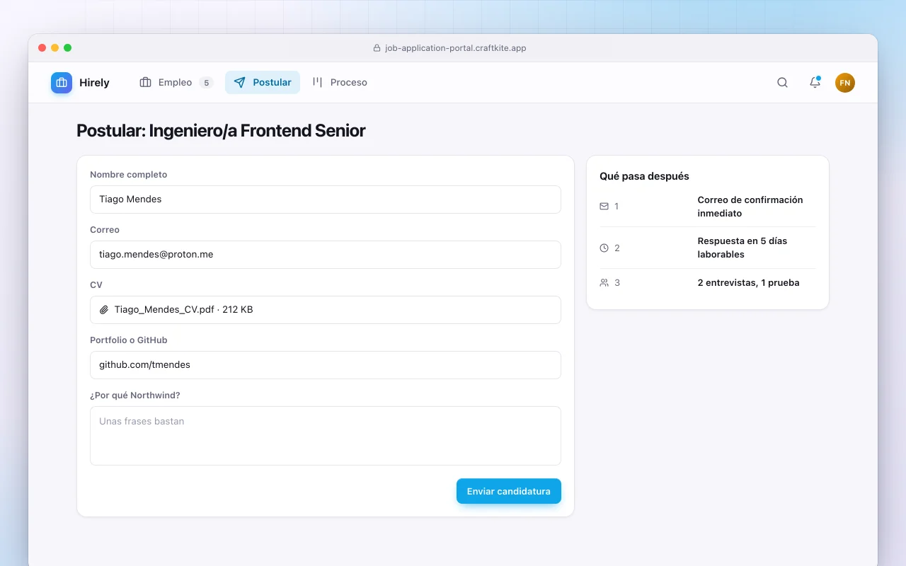 Portal de candidaturas de empleo: la pantalla Postular: Ingeniero/a Frontend Senior