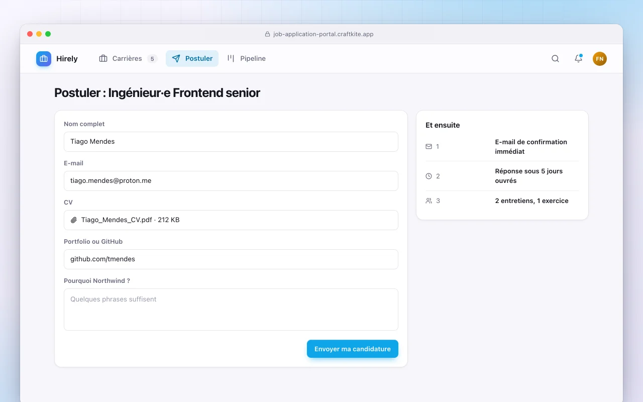 Portail de candidatures : l’écran Postuler : Ingénieur·e Frontend senior
