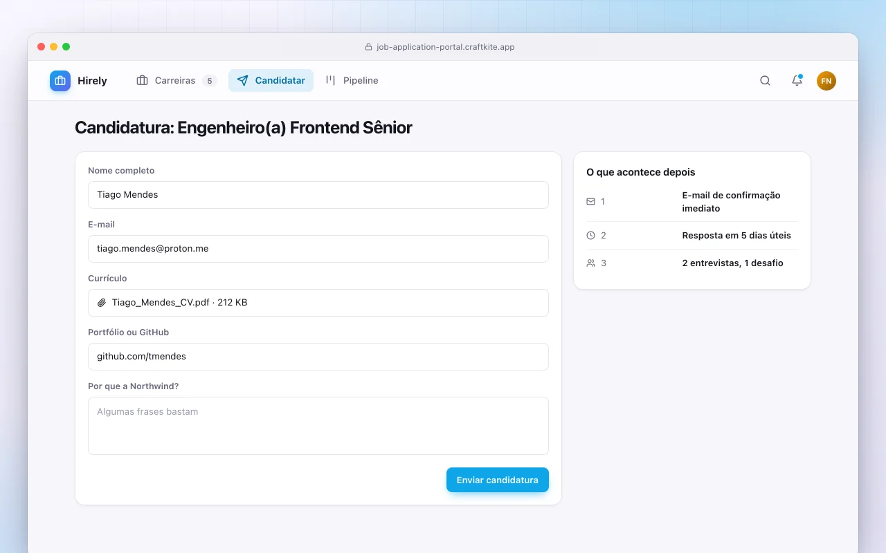 Portal de candidaturas a vagas: a tela Candidatura: Engenheiro(a) Frontend Sênior