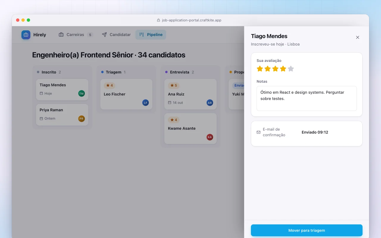 Portal de candidaturas a vagas: a tela Engenheiro(a) Frontend Sênior · 34 candidatos
