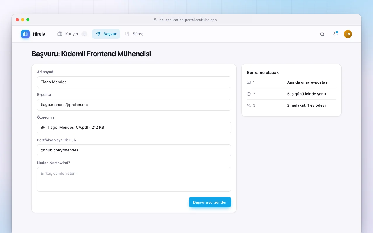 İş başvuru portalı: Başvuru: Kıdemli Frontend Mühendisi ekranı