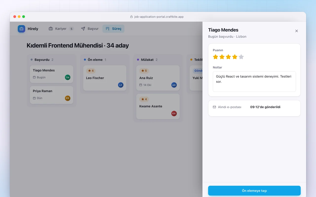 İş başvuru portalı: Kıdemli Frontend Mühendisi · 34 aday ekranı
