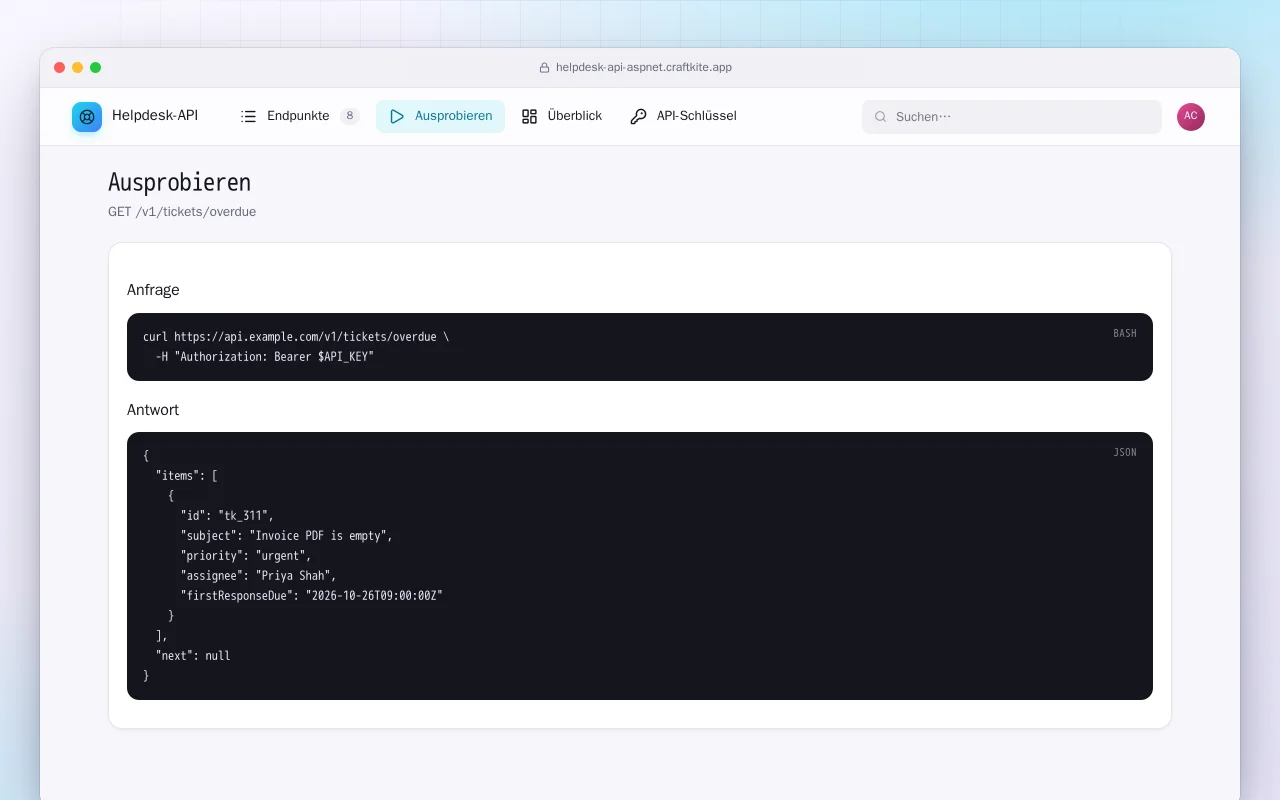 Helpdesk-API (ASP.NET Core): der Bildschirm „Ausprobieren“