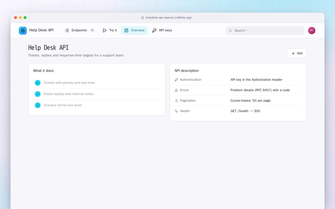Help Desk API (ASP.NET Core): the Help Desk API screen