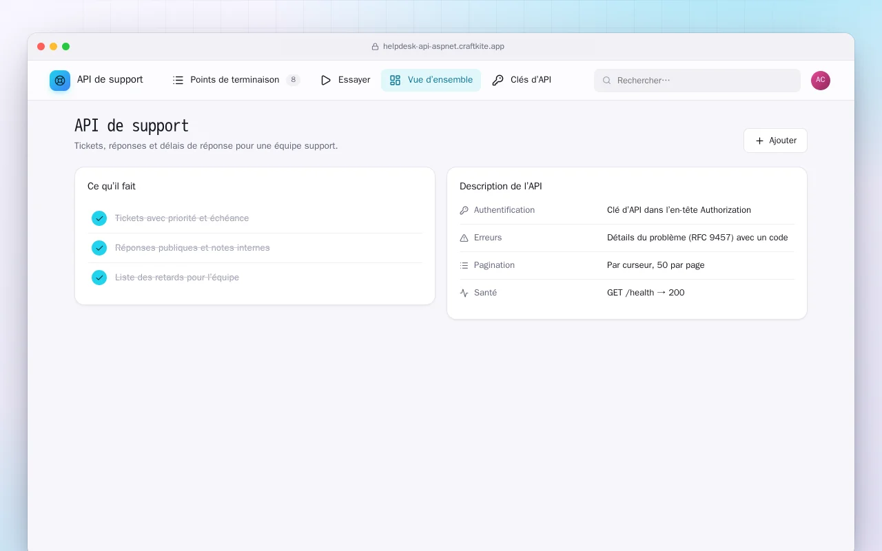 API de support (ASP.NET Core) : l’écran API de support
