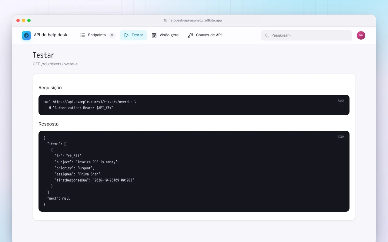 API de help desk (ASP.NET Core): a tela Testar