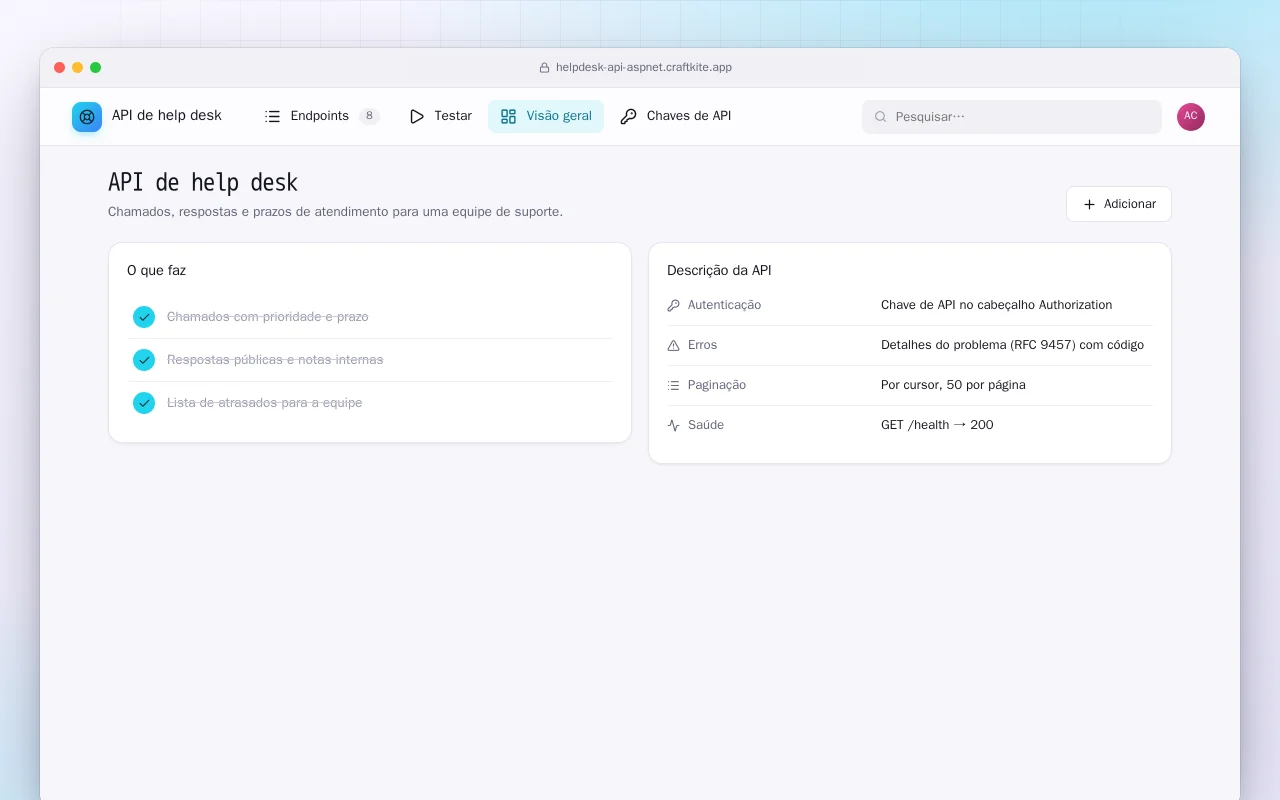 API de help desk (ASP.NET Core): a tela API de help desk