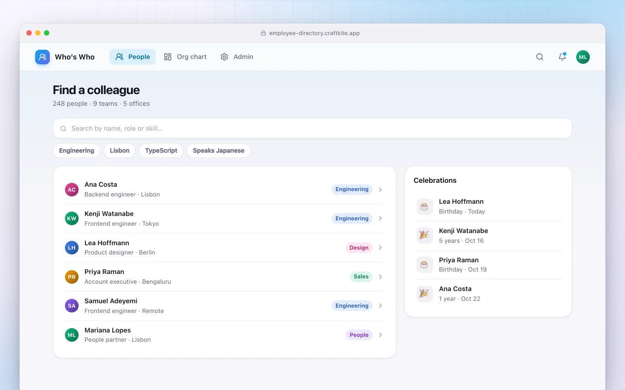 Employee directory: the Find a colleague screen