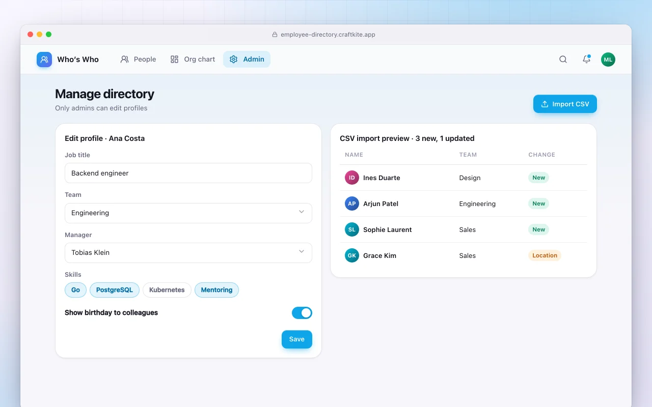 Employee directory: the Manage directory screen