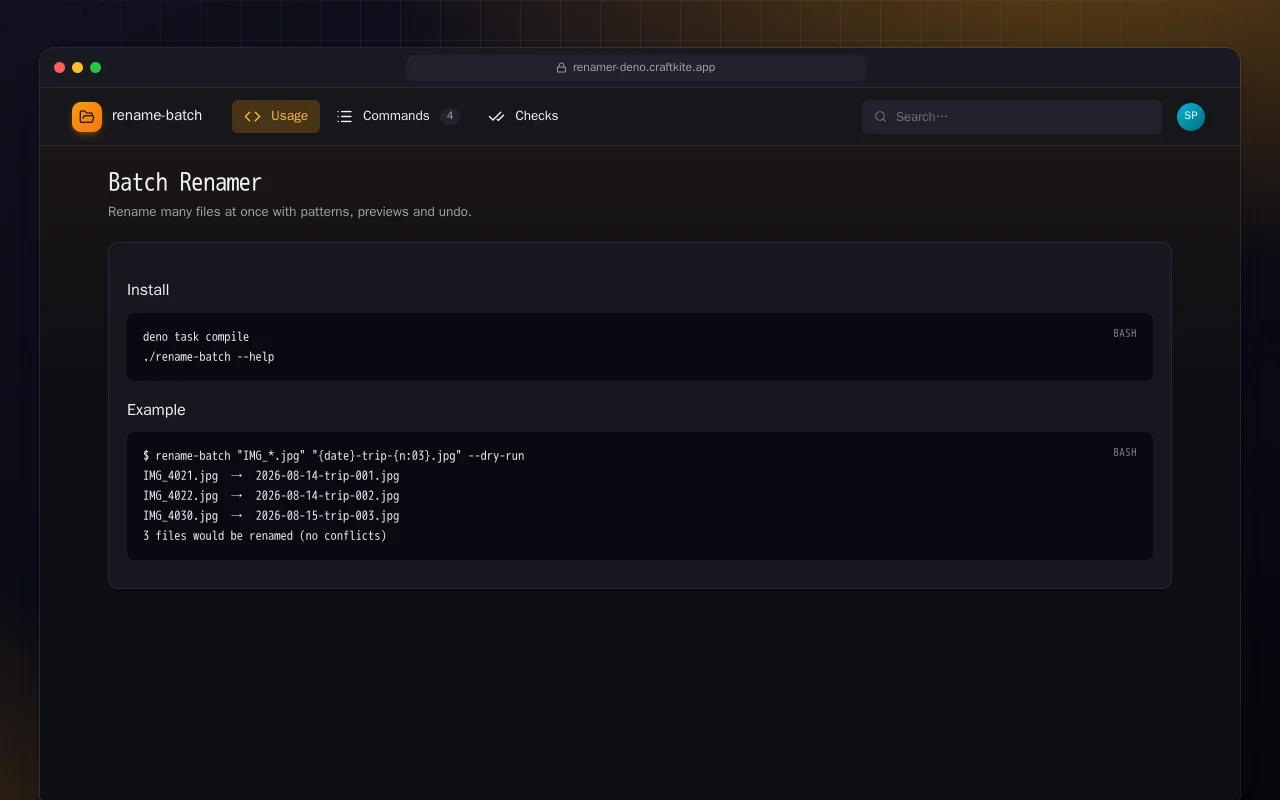 Batch Renamer (Deno): the Batch Renamer screen