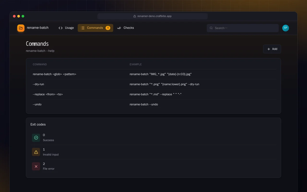 Batch Renamer (Deno): the Commands screen