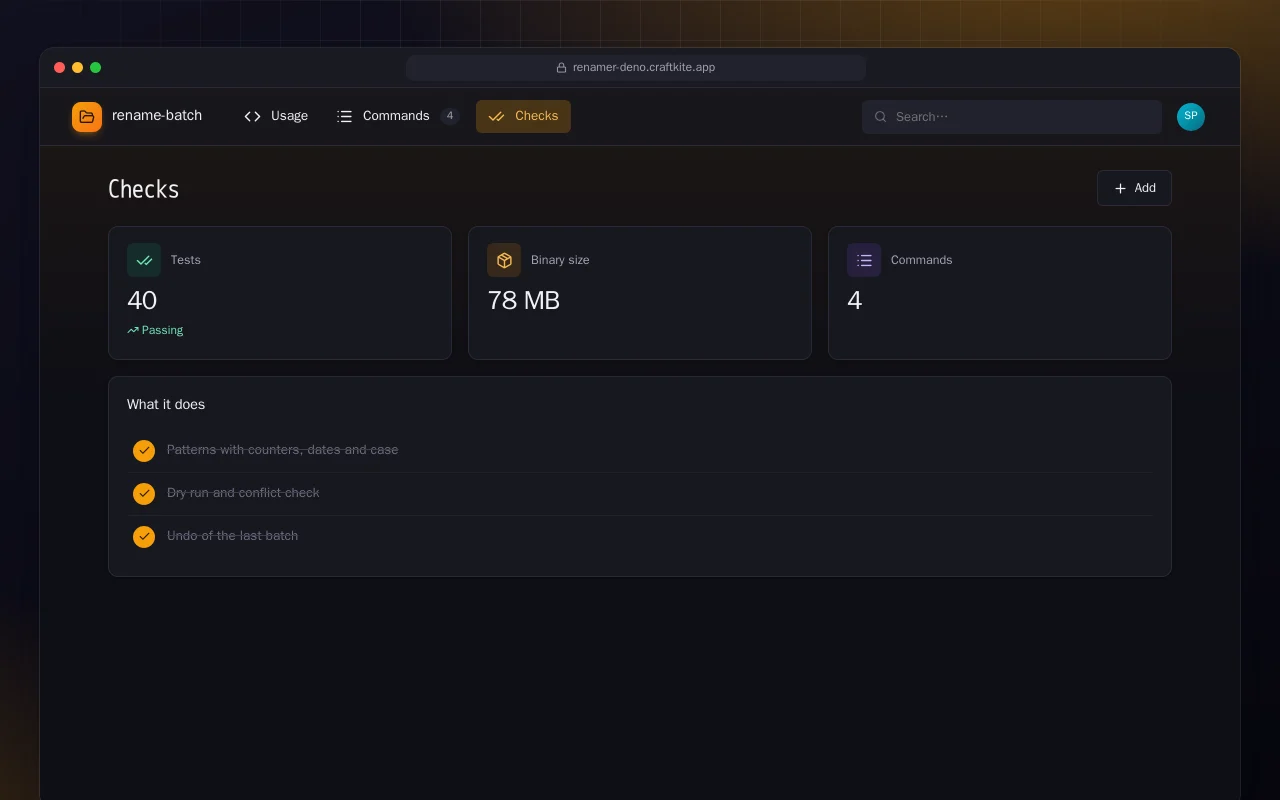 Batch Renamer (Deno): the Checks screen