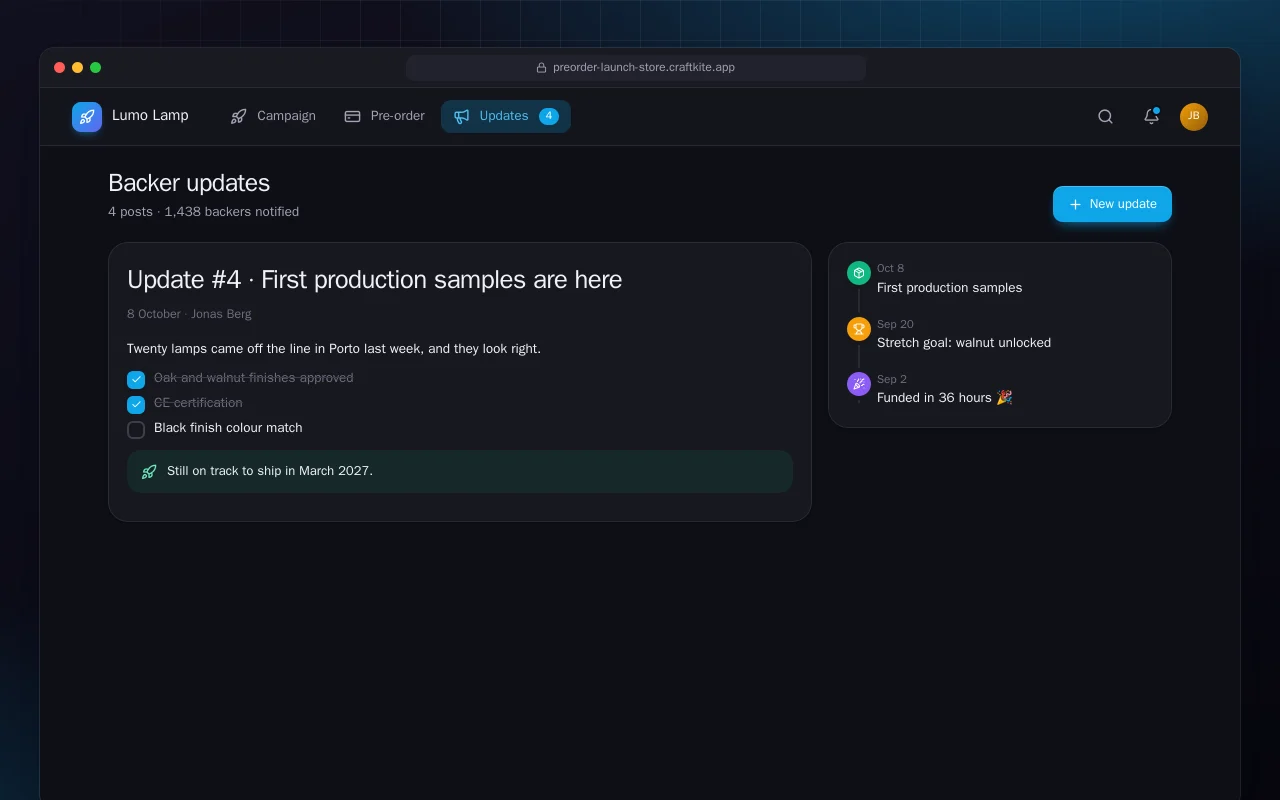 Product pre-order page: the Backer updates screen