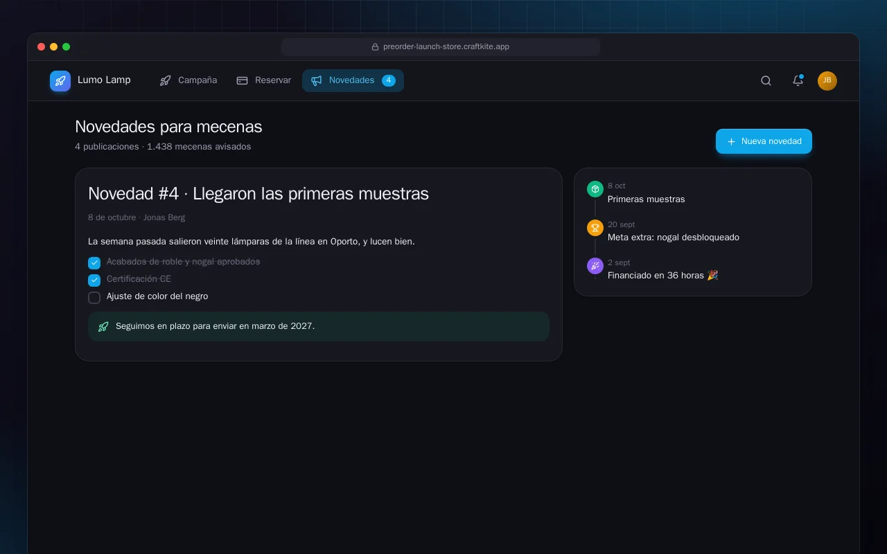 Página de preventa de producto: la pantalla Novedades para mecenas