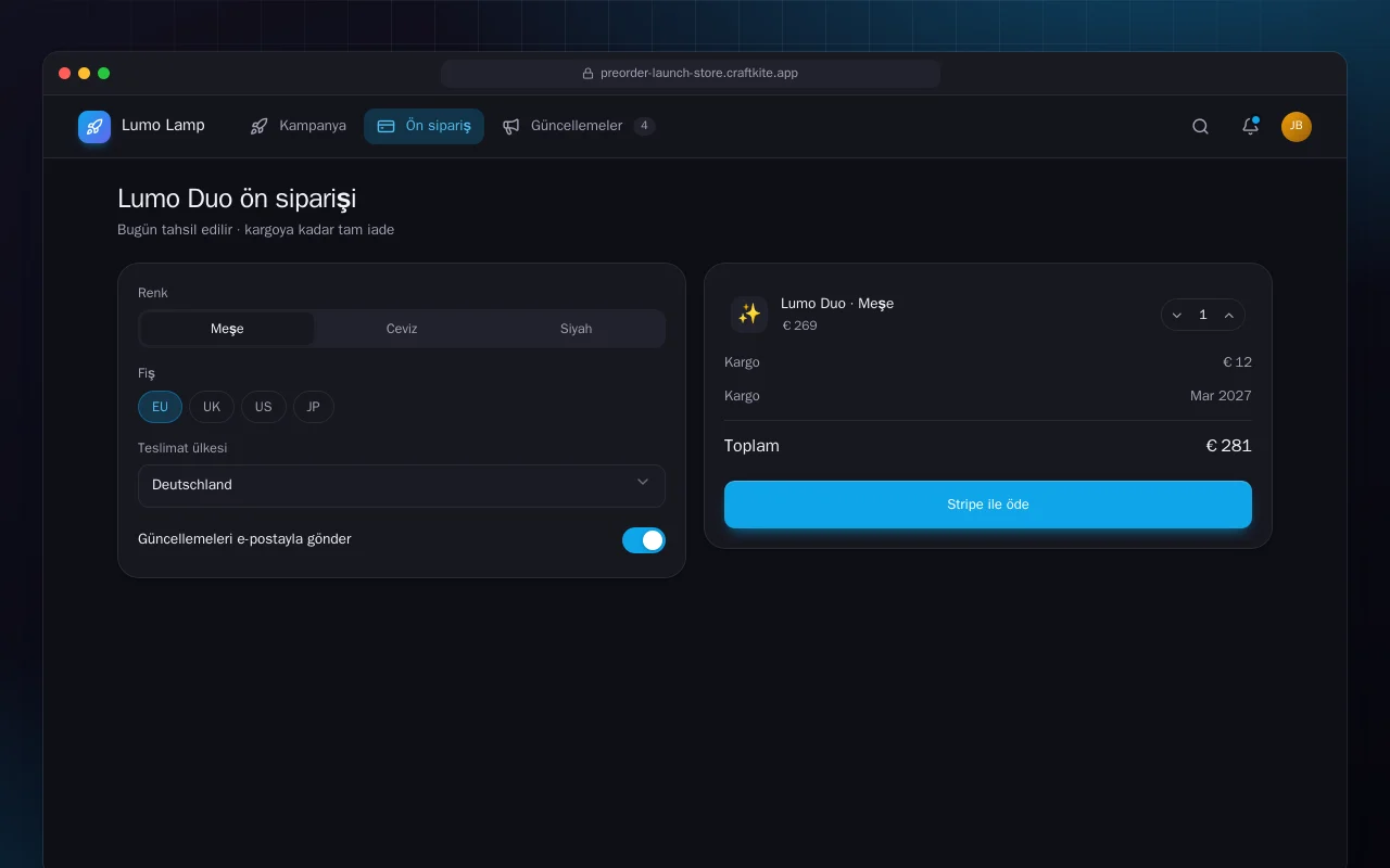 Ürün ön sipariş sayfası: Lumo Duo ön siparişi ekranı
