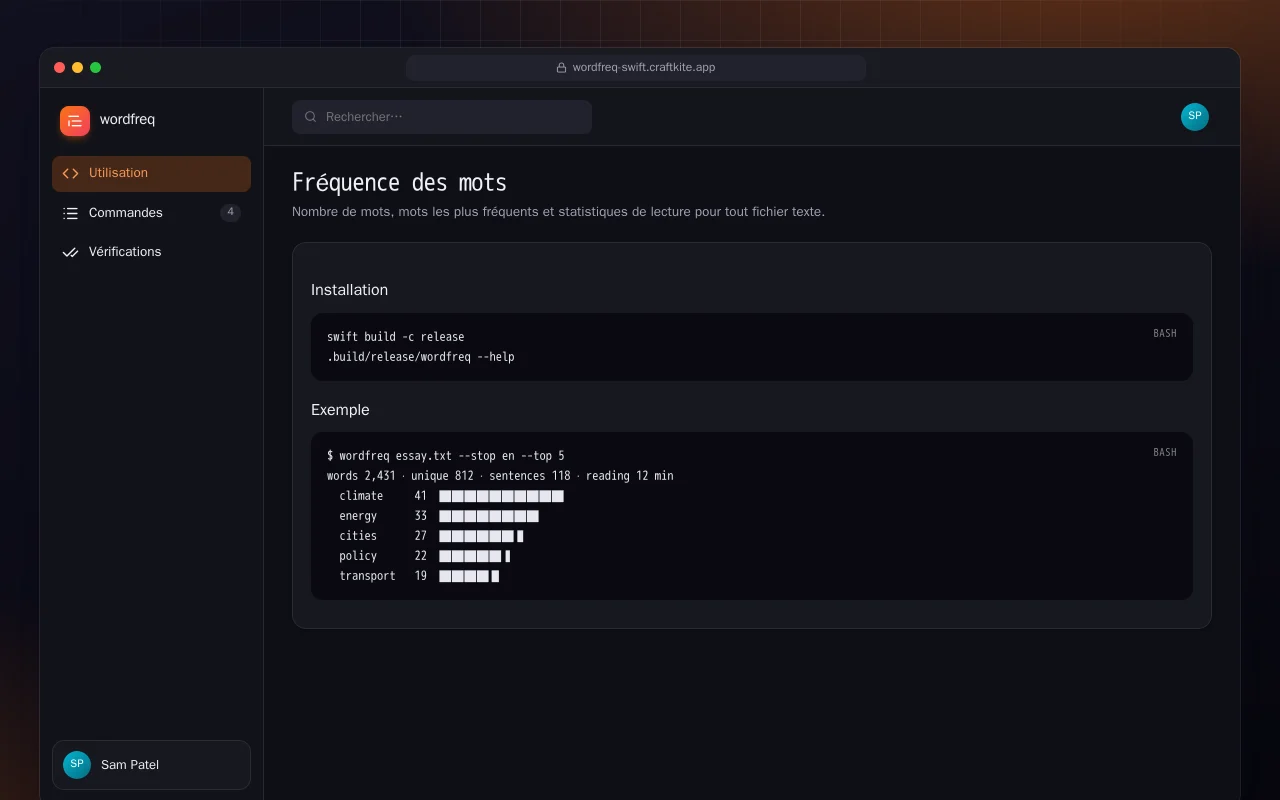 Fréquence des mots (Swift) : l’écran Fréquence des mots
