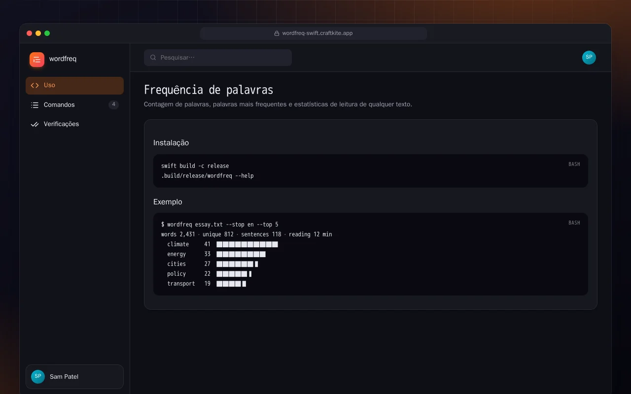 Frequência de palavras (Swift): a tela Frequência de palavras