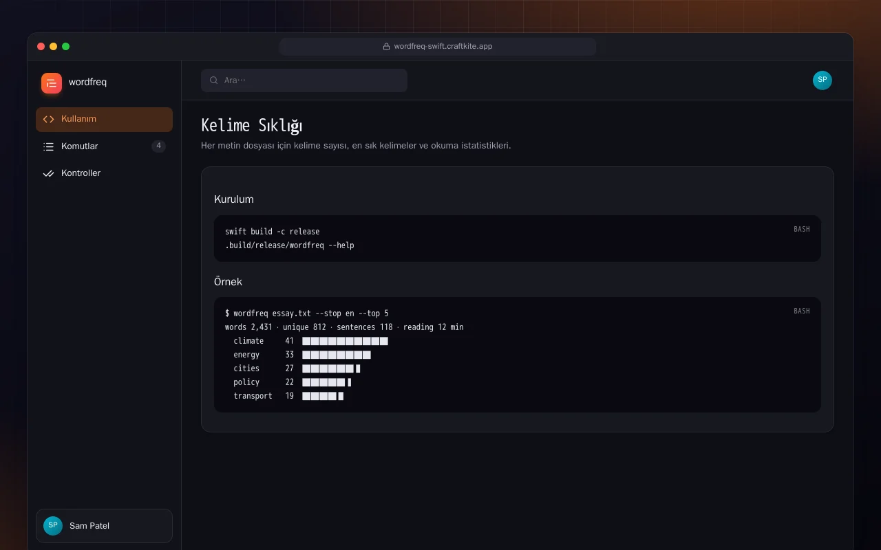 Kelime Sıklığı (Swift): Kelime Sıklığı ekranı