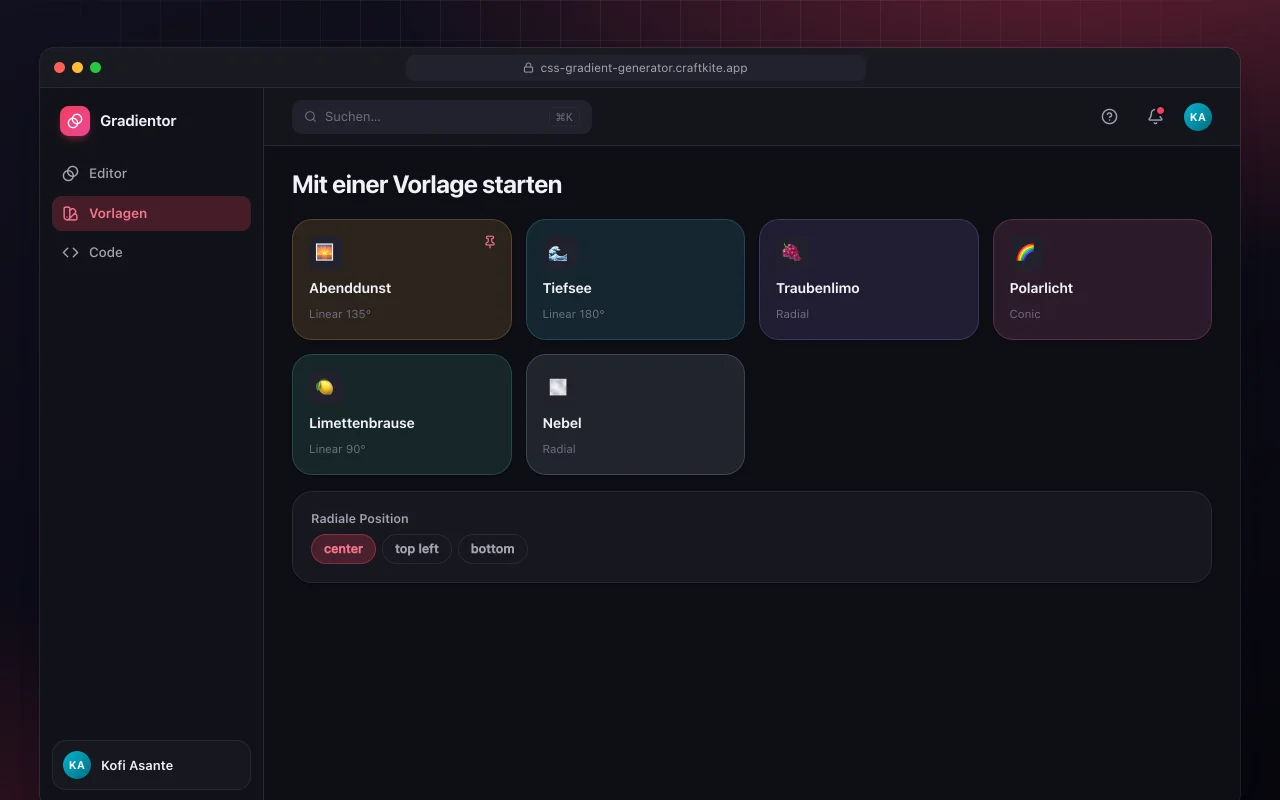 CSS-Verlaufsgenerator: der Bildschirm „Mit einer Vorlage starten“