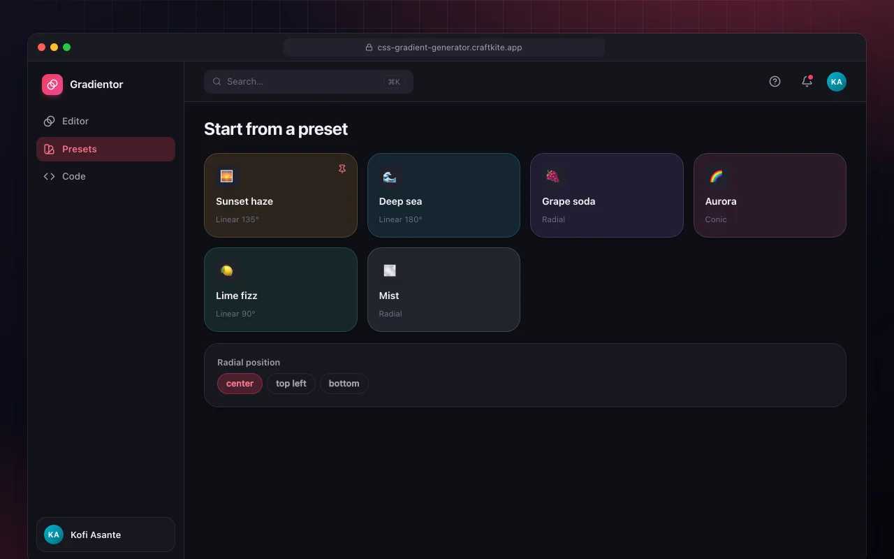 CSS gradient generator: the Start from a preset screen