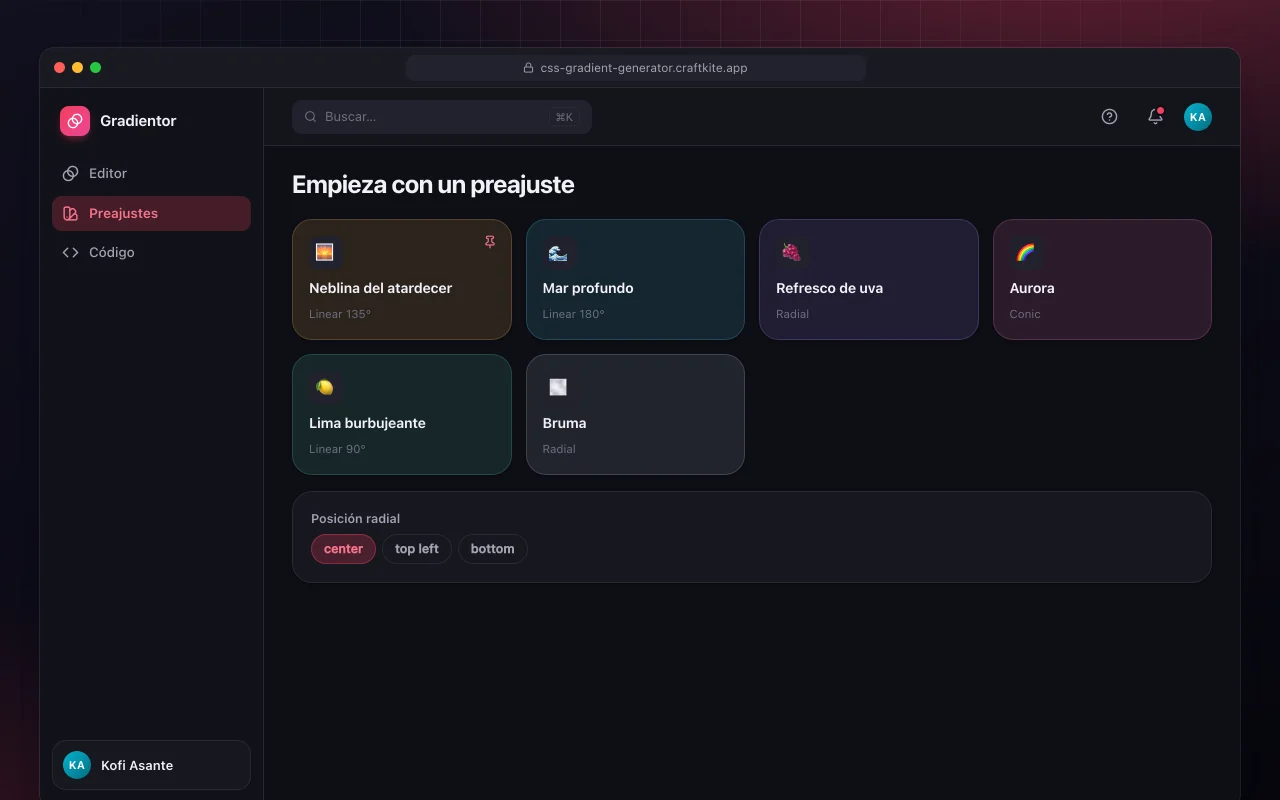Generador de degradados CSS: la pantalla Empieza con un preajuste