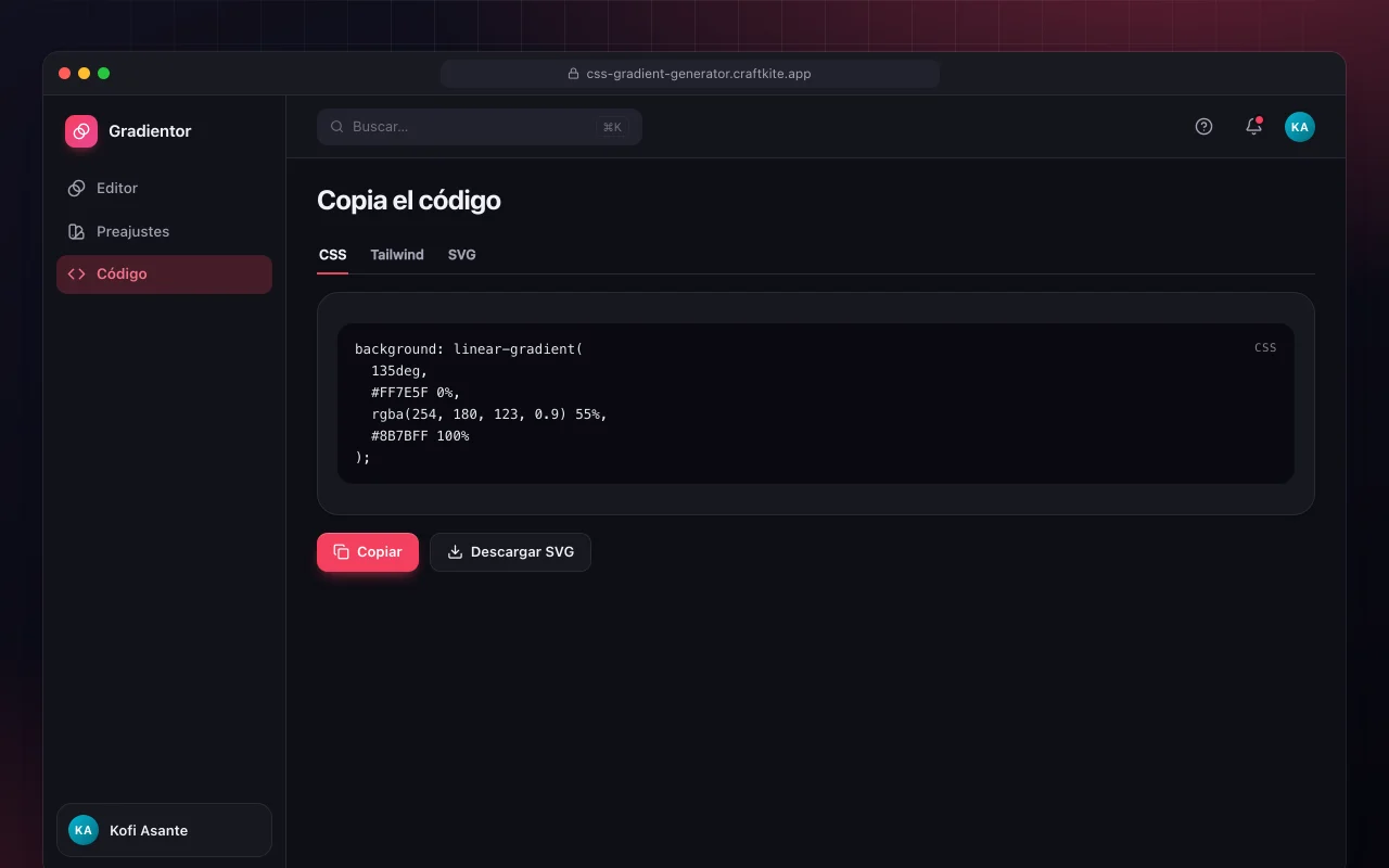 Generador de degradados CSS: la pantalla Copia el código