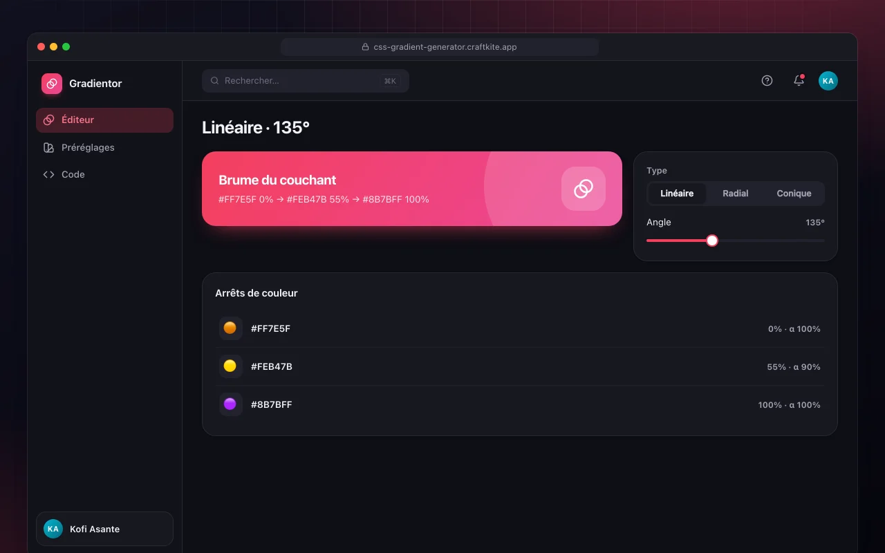 Générateur de dégradés CSS : l’écran Linéaire · 135°