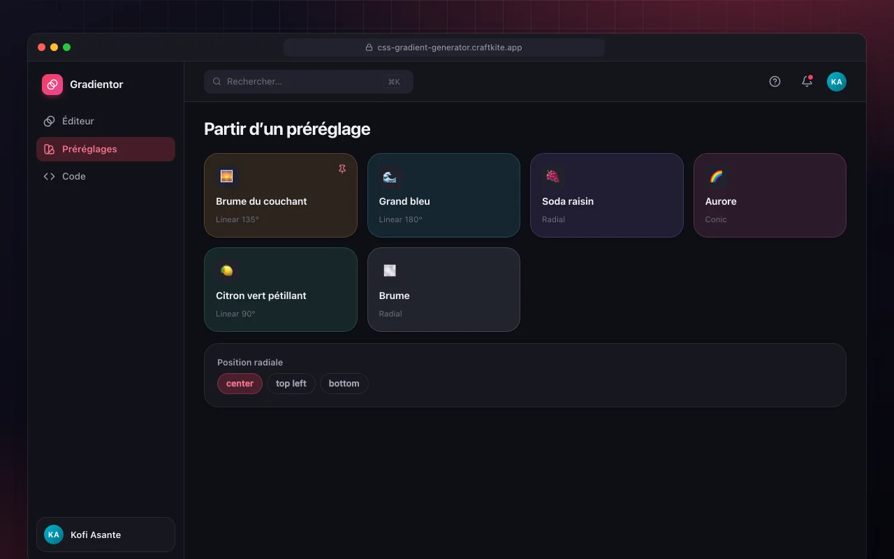 Générateur de dégradés CSS : l’écran Partir d’un préréglage