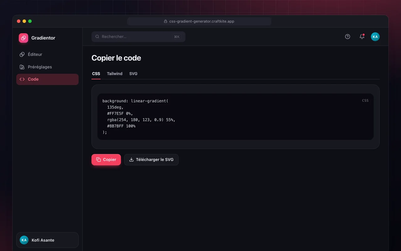 Générateur de dégradés CSS : l’écran Copier le code