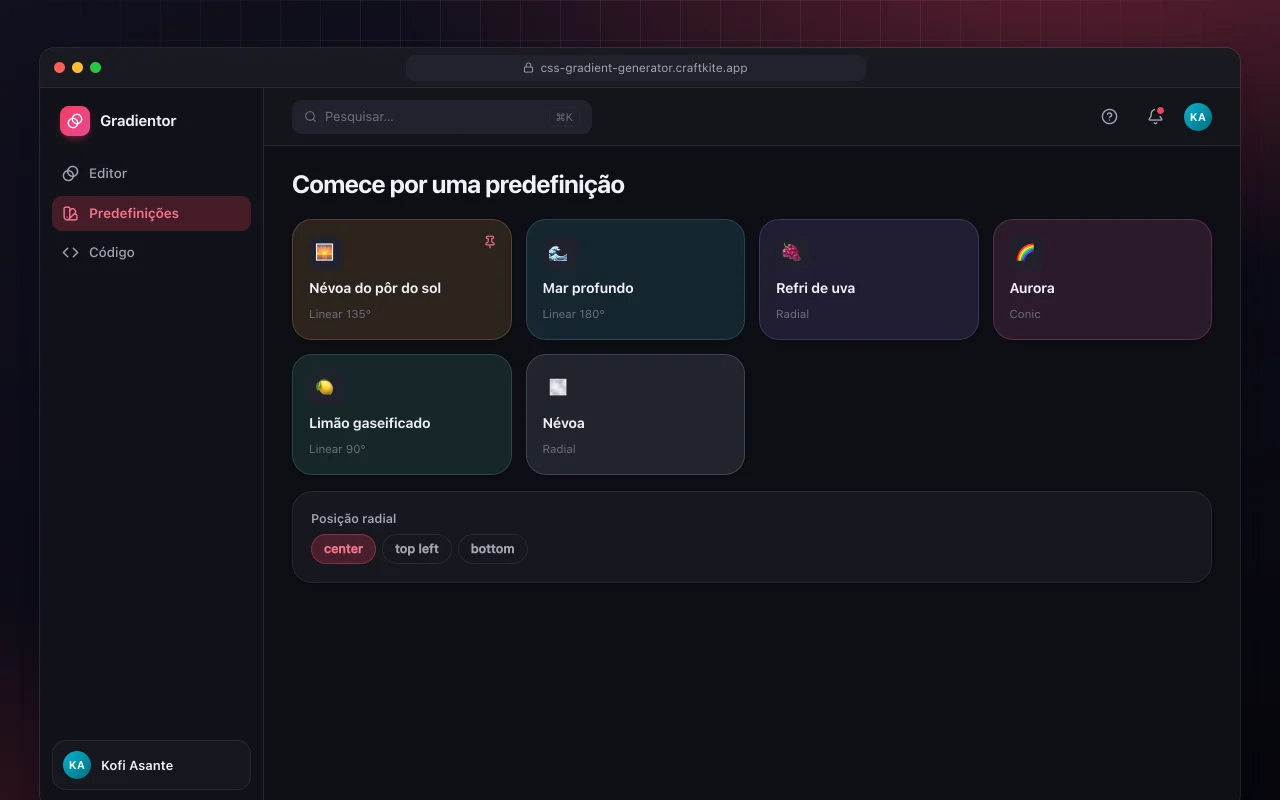 Gerador de degradês CSS: a tela Comece por uma predefinição