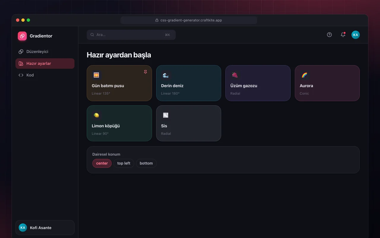 CSS gradyan üretici: Hazır ayardan başla ekranı