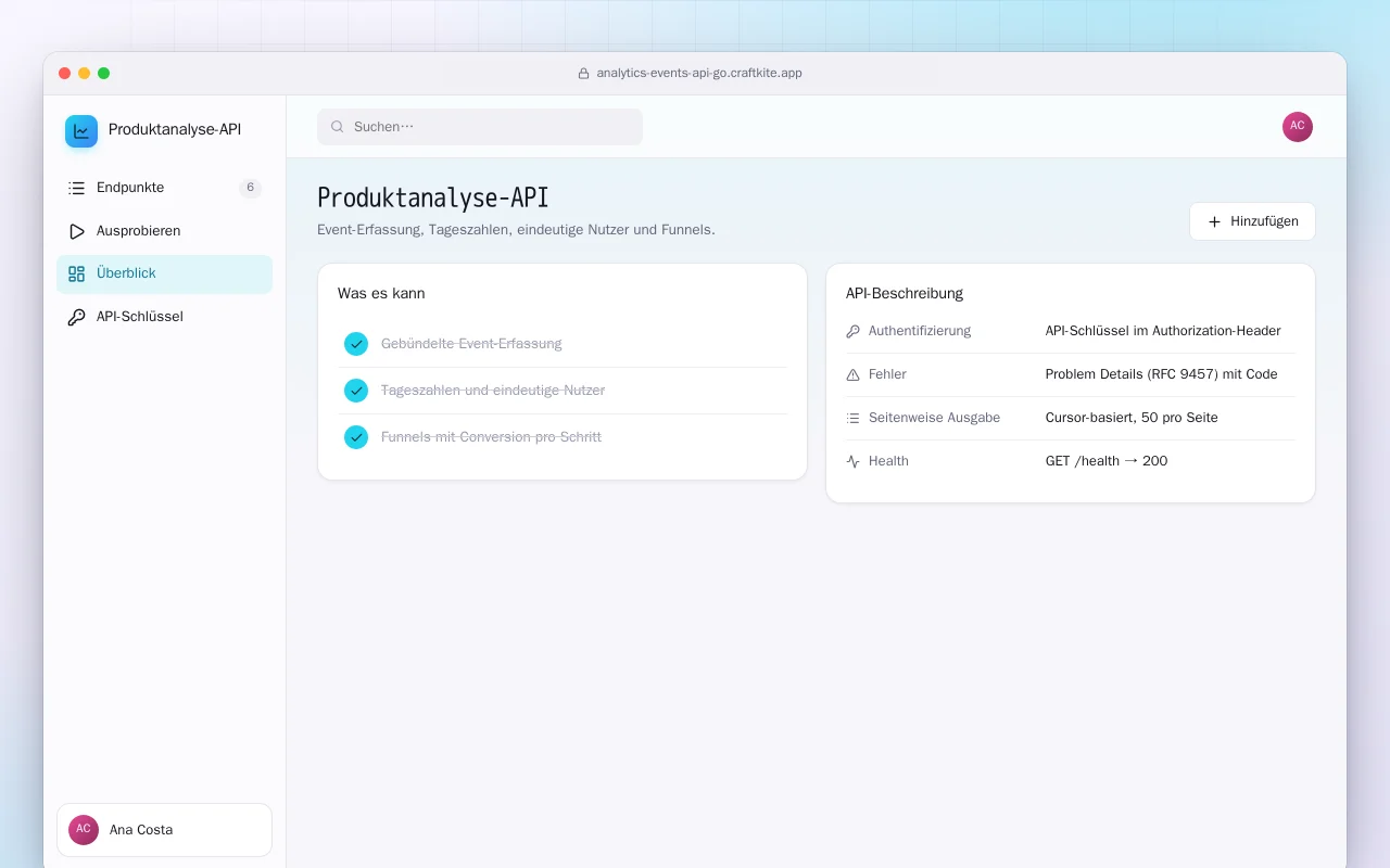 Produktanalyse-API (Go): der Bildschirm „Produktanalyse-API“