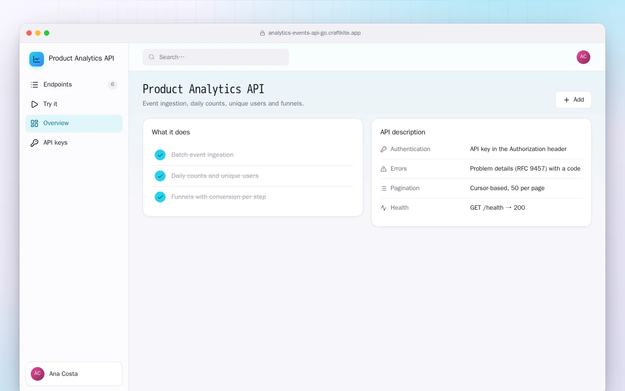 Product Analytics API (Go): the Product Analytics API screen