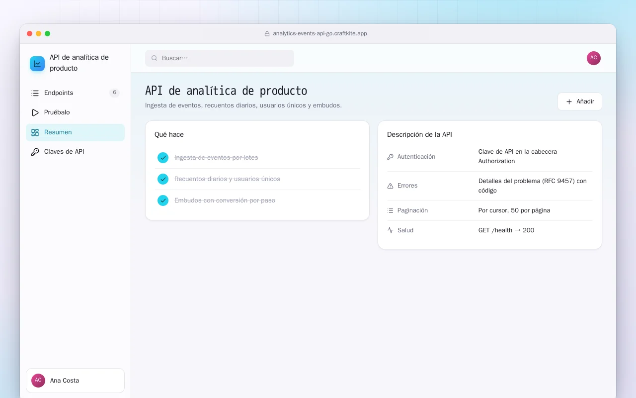 API de analítica de producto (Go): la pantalla API de analítica de producto