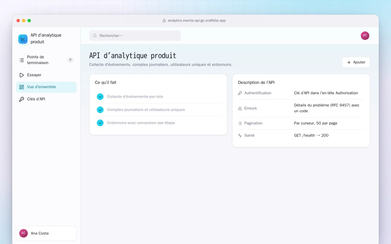 API d’analytique produit (Go) : l’écran API d’analytique produit