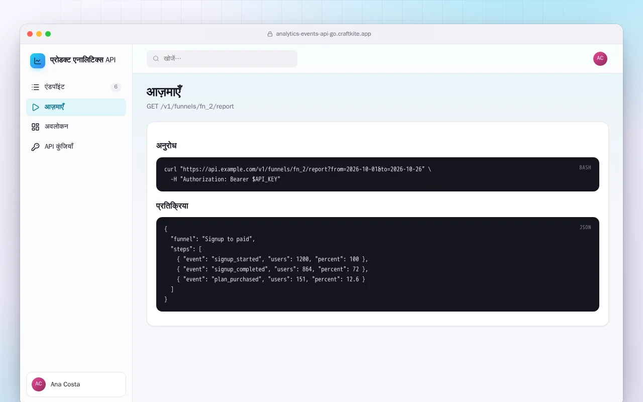 प्रोडक्ट एनालिटिक्स API (Go): आज़माएँ स्क्रीन