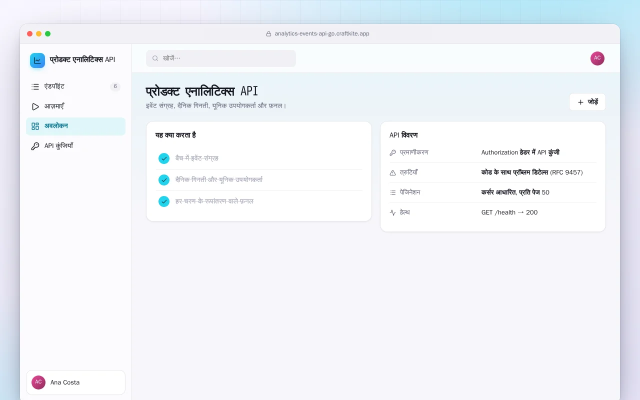 प्रोडक्ट एनालिटिक्स API (Go): प्रोडक्ट एनालिटिक्स API स्क्रीन