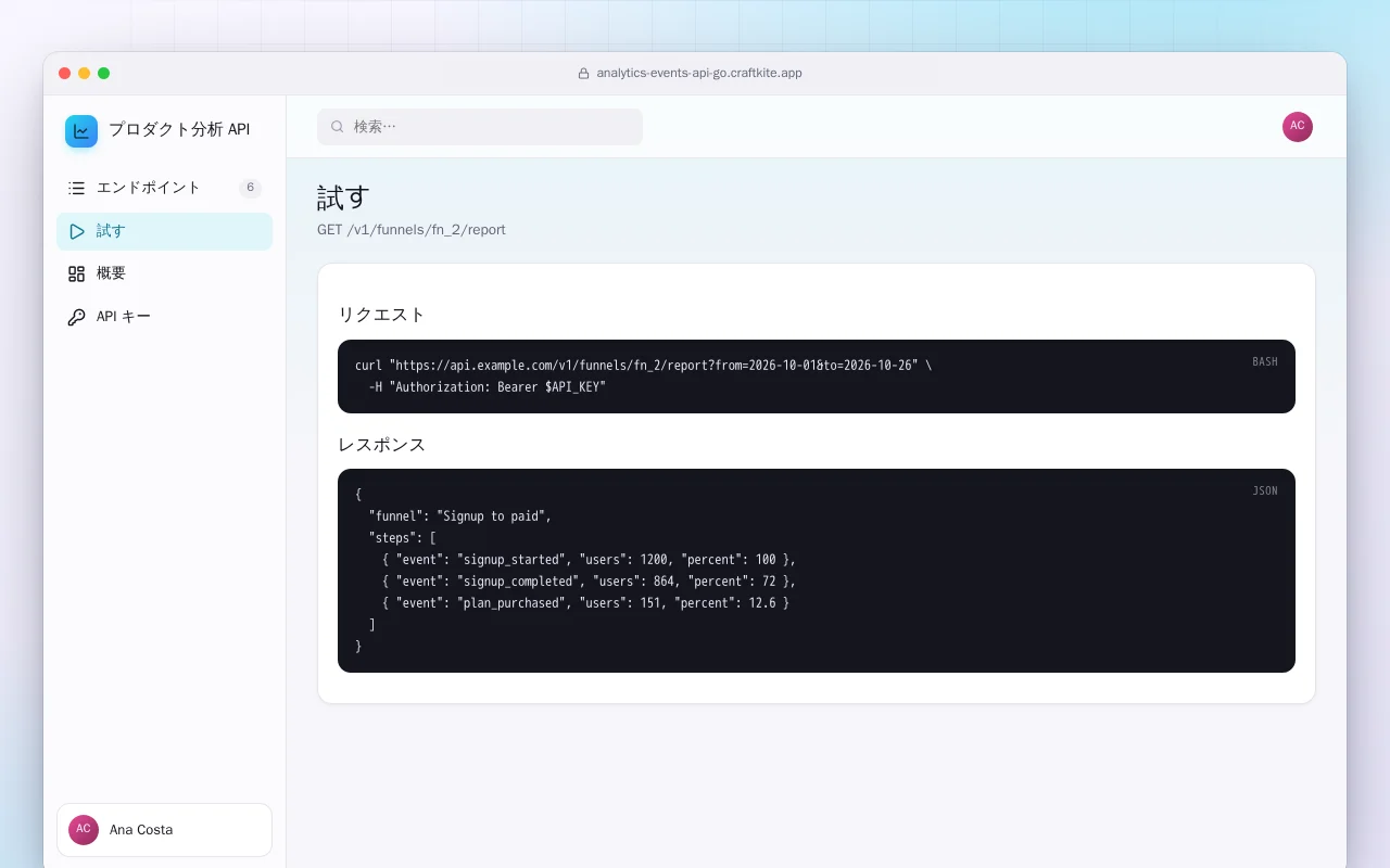 プロダクト分析 API（Go）：試す画面