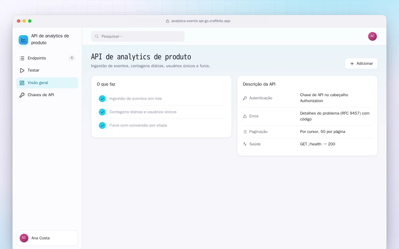 API de analytics de produto (Go): a tela API de analytics de produto