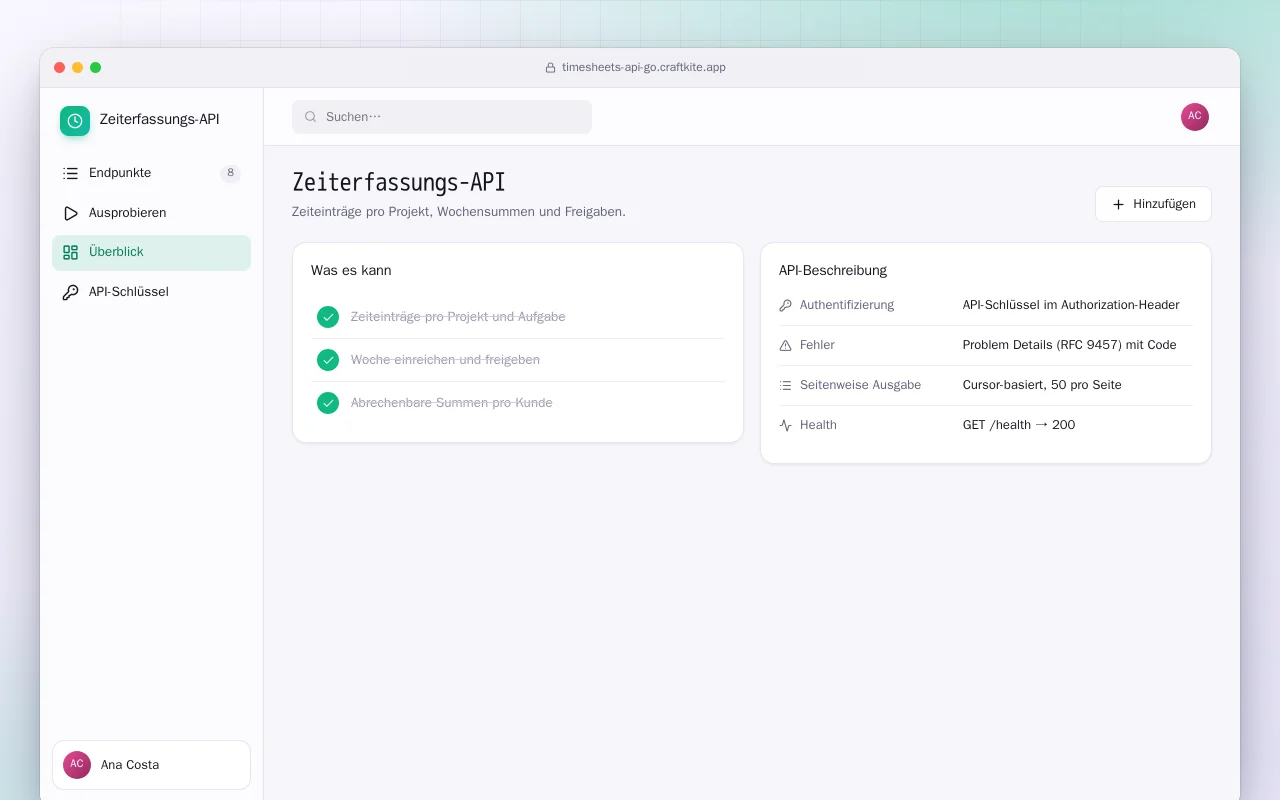 Zeiterfassungs-API (Go): der Bildschirm „Zeiterfassungs-API“